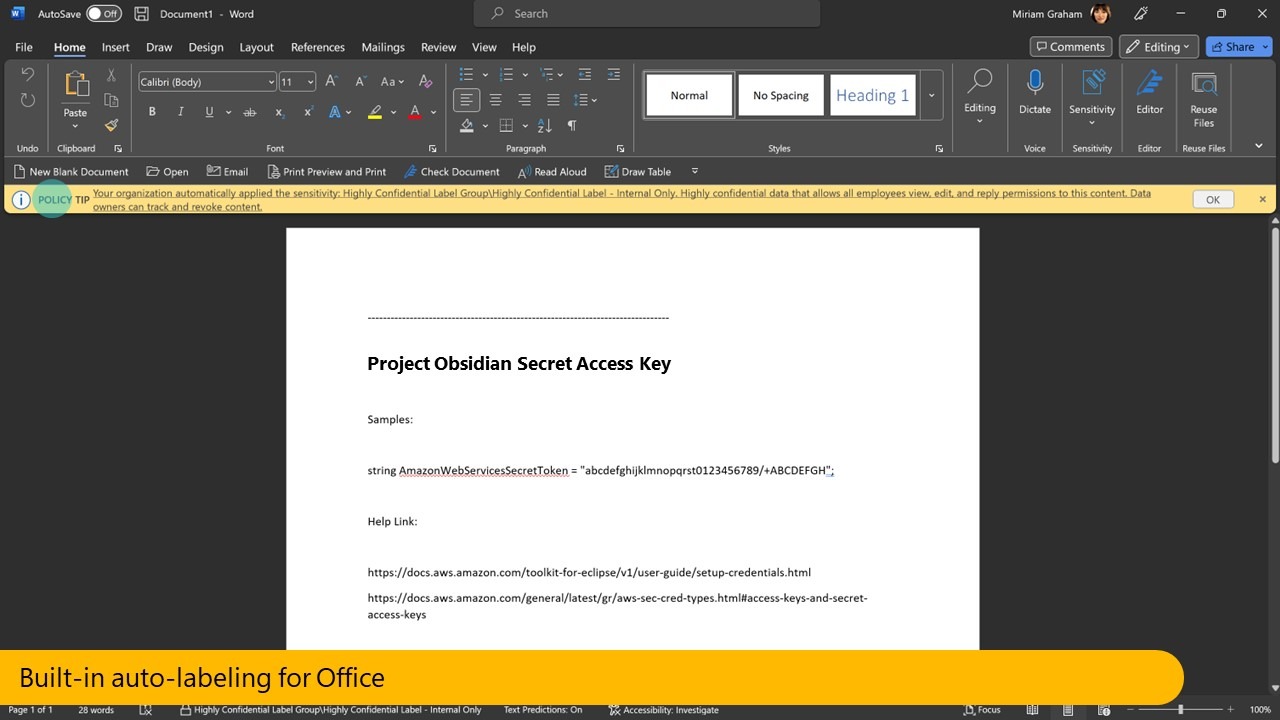 Microsoft Purview 11 Microsoft Data Security slide 11 - screenshot of a Word document showing built-in auto-labelling for Microsoft Office.