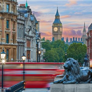 London Trafalgar Square lion and Big Ben tower at background